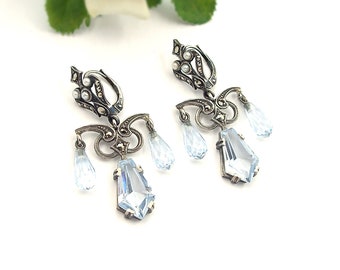 Vintage marcasite Art Deco paste aquamarine & seed pearl earrings 230726e