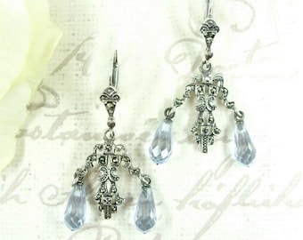 Vintage marcasite Art Nouveau paste aquamarine briolet earrings 131114k