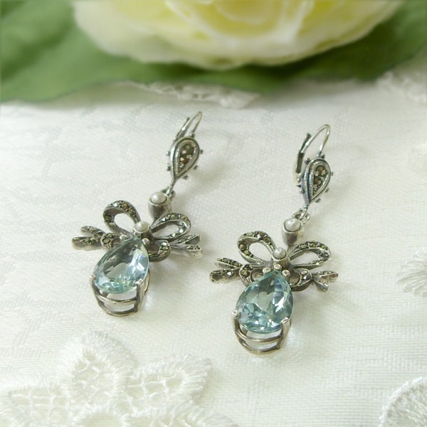 Vintage marcasite earrings with paste aquamarine and seed pearls || МАРКАЗИТ 403