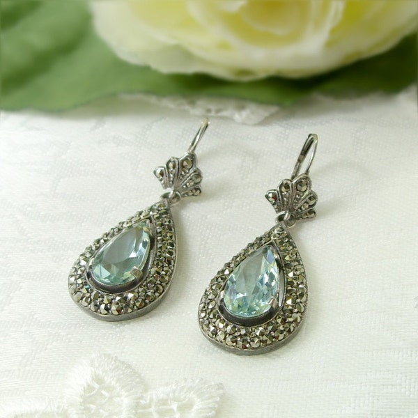 Vintage marcasite earrings with paste aquamarine || МАРКАЗИТ