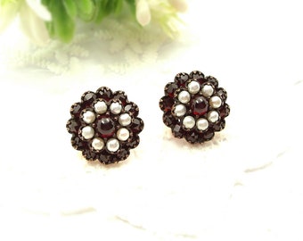 Round garnet&pearls earrings/studs in Victorian style 240312h