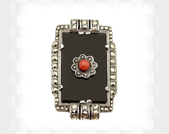 Big Vintage marcasite Art Deco onyx & coral ring size 7 3/4 221102a