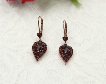 Cute Vintage garnet heart drop earrings in Sterling silver rosegoldplated ГРАНАТ 181219g