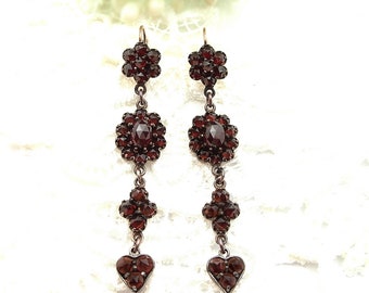 Vintage long pending heart cascade garnet earrings rosegoldplated 240317b