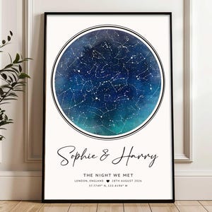 Könnte beinhalten: Ein gerahmtes vertikales Poster mit einer kreisförmigen Sternenkarte in tiefblauen und türkisfarbenen Verläufen. Unter dem Kreis steht der Text Sophie & Harry, THE NIGHT WE MET, LONDON, ENGLAND, 28TH AUGUST 2026 sowie die Koordinaten 37.7749 N, 122.4194 W.