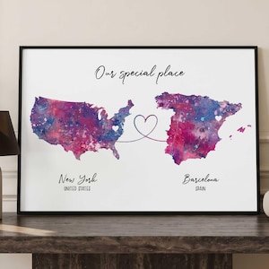 Mapa de dos países con cita personalizada, regalo para personas que se mudan lejos, recuerdo para la pared