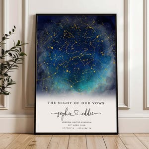 Könnte beinhalten: Ein gerahmter, vertikaler Sternenkarten-Druck mit einem tiefblauen und türkisfarbenen Aquarell-Nachthimmel und goldenen Sternbildern. Der weiße untere Bereich zeigt den Text THE NIGHT OF OUR VOWS, die Namen Sophie und Eddie, London, United Kingdom, 28th April 2018 sowie Koordinaten.