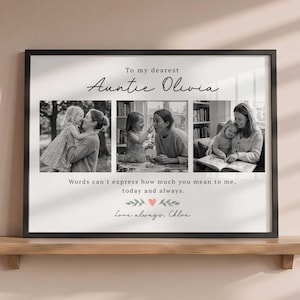May include: A framed horizontal print featuring three black and white photographs of a child and an adult. The text reads: To my dearest Auntie Olivia, Words can't express how much you mean to me, today and always. Love always, Chloe, with a small pink heart.