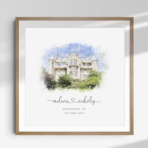 Wedding Venue Print, Custom 1st Wedding Anniversary Present, Personalised Wedding Gift for Couple, Bridal Shower Gift, Watercolour Art Print