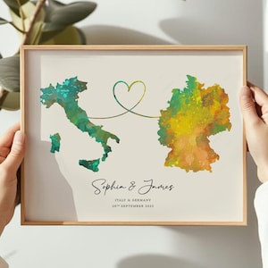 Personalized Long Distance Relationship Map Print: Two Countries Connected by Love