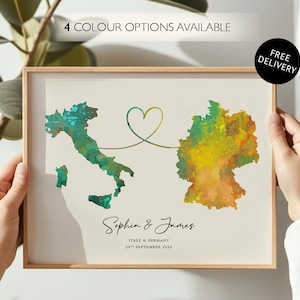 Mappa personalizzata per relazioni a distanza: due paesi con una linea a forma di cuore / Nomi e data personalizzati