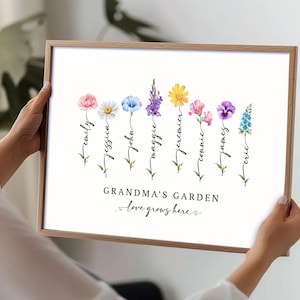 Regalo floreale per il mese di nascita, Giardino della nonna, Stampa di famiglia personalizzata, Regalo per la mamma, Stampa della nostra famiglia, Regalo per i nonni, Stampa del nome del fiore