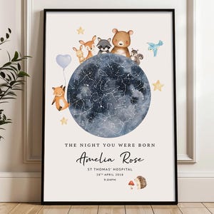 May include: A framed print with a watercolour illustration of a dark blue celestial sphere with constellations. Woodland animals are depicted above the sphere. The text reads "THE NIGHT YOU WERE BORN" and includes a name, hospital, date, and time.