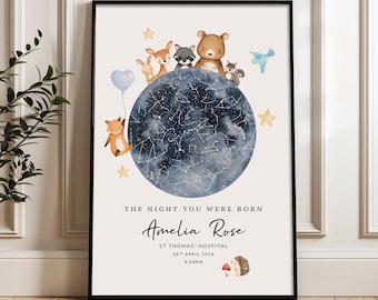 May include: A framed print with a watercolour illustration of a dark blue celestial sphere with constellations. Woodland animals are depicted above the sphere. The text reads "THE NIGHT YOU WERE BORN" and includes a name, hospital, date, and time.