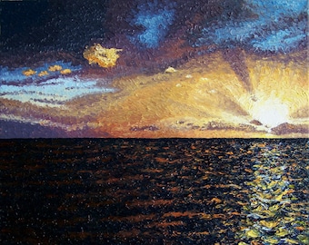 Ocean Sunset painting, Original Oil Painting, 16 x 20 in