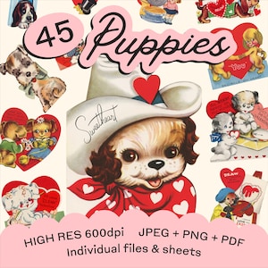 Cartes de Saint-Valentin chiot vintage, Saint-Valentin imprimable des chiens et des chiots pour la Saint-Valentin, téléchargement numérique, rétro, Clipart, 45 PNG & JPG