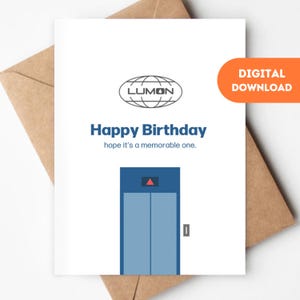 Afdrukbare ontslagverjaardagskaartshow, digitale download wenskaart, last minute DIY fan cadeau, Lumon Industries sleutelkaart liftdeuren