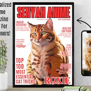 Ritratto personalizzato di un animale domestico, regalo personalizzato per un gatto, mamma e papà, copertina di una rivista anime per animali domestici, arte murale, arte murale per animali domestici, bianco
