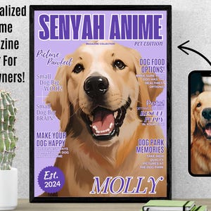Ritratto personalizzato di un animale domestico, regalo personalizzato per un cane, mamma e papà, copertina di una rivista anime per animali domestici, arte murale, arte murale per animali domestici, viola
