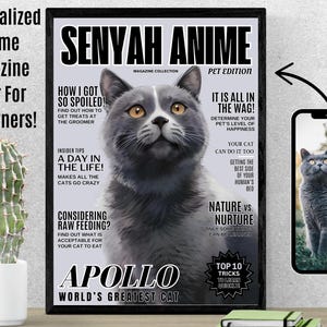 Ritratto personalizzato di un animale domestico, regalo personalizzato per un gatto, mamma e papà, copertina di una rivista anime per animali domestici, arte murale, arte murale per animali domestici, grigio