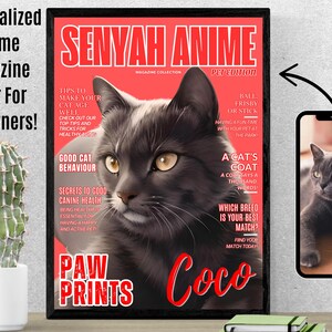 Ritratto personalizzato di un animale domestico, regalo personalizzato per un gatto, mamma e papà, copertina di una rivista anime per animali domestici, arte murale, arte murale per animali domestici, rosso