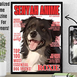 Ritratto personalizzato di un animale domestico, regalo personalizzato per un ritratto di un cane domestico per una mamma e un papà di un cane, copertina di una rivista di anime per animali domestici, arte murale, arte murale per animali domestici, bianco