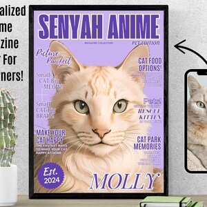 Ritratto personalizzato di un animale domestico, regalo personalizzato per un gatto, mamma e papà, copertina di una rivista anime per animali domestici, arte murale, arte murale per animali domestici, viola