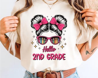Hello 2nd Grade PNG SVG, Back To School Messy Bun Coquette Bow, Teacher Girl Clipart, Cute School Design for Cricut Silhouette, Girl Shirt