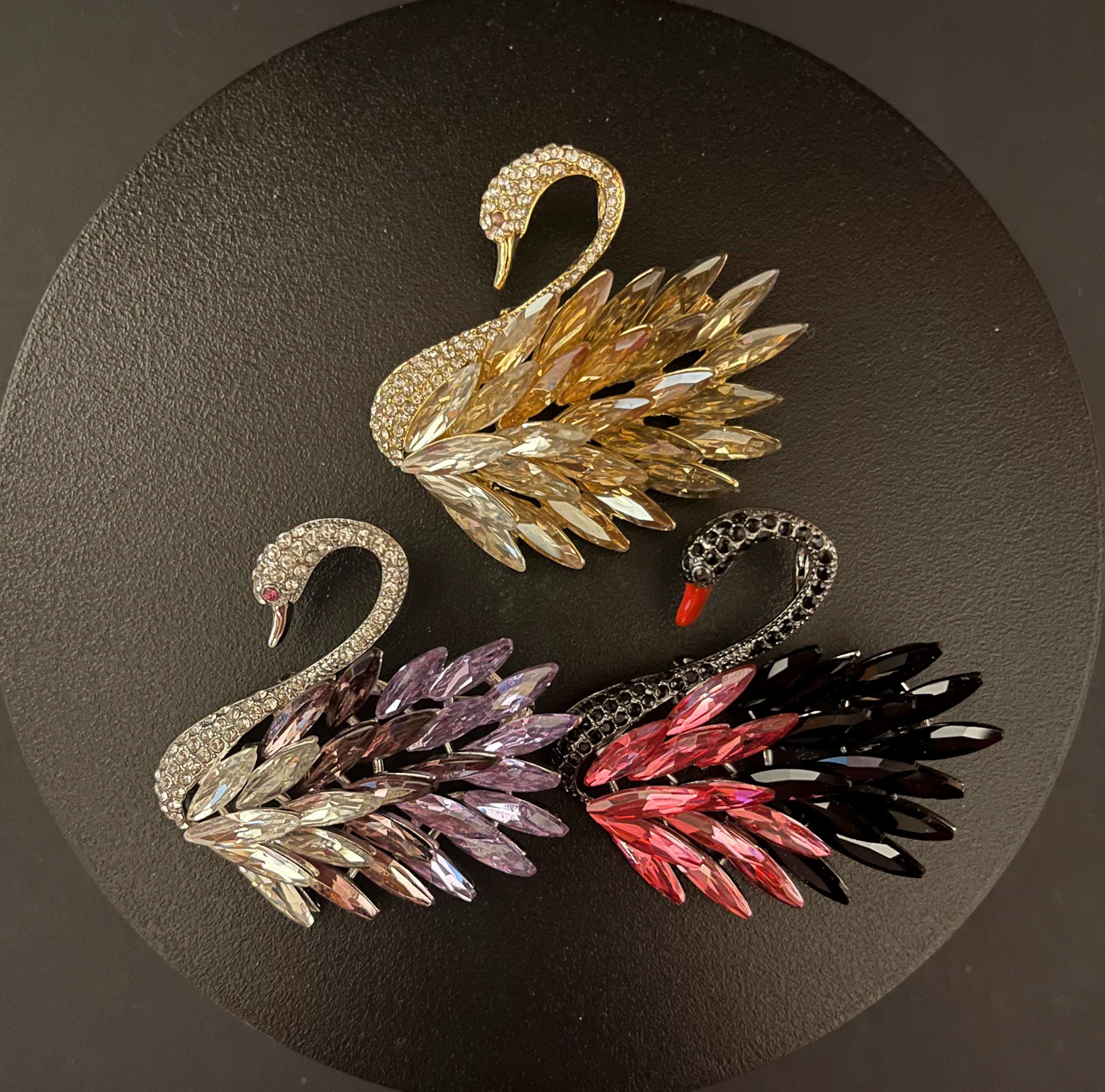 Gold-Tone Crystal & Pearl Feather Brooch with Black Feathers Gold Feather Brooch, Crystal and Mother-of-pearl Lapel Pin  main image 2