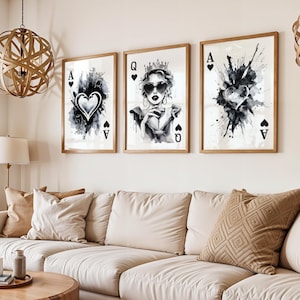 Glam Playing Card Art Set of 3 Bundle | Queen of Hearts and Ace Prints | Aesthetic Wall Decor | Black and White Watercolor Art