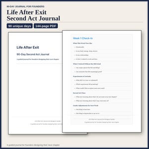 Könnte beinhalten: Ein 144-seitiges PDF-Journal mit dem Titel Life After Exit Second Act Journal für Gründer. Das Cover und die Innenseiten zeigen schwarzen Text auf cremefarbenem Hintergrund, einschließlich einer Week 1 Check-In Seite mit Reflexionsfragen.