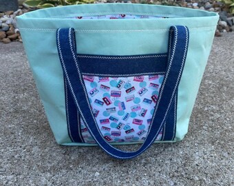 Handmade Cotton Canvas Tote Bag: Retro Cassette Tape Print, Denim Accents