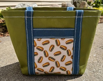 Hot Dog Print Cotton Canvas Tote Bag: Denim Accents