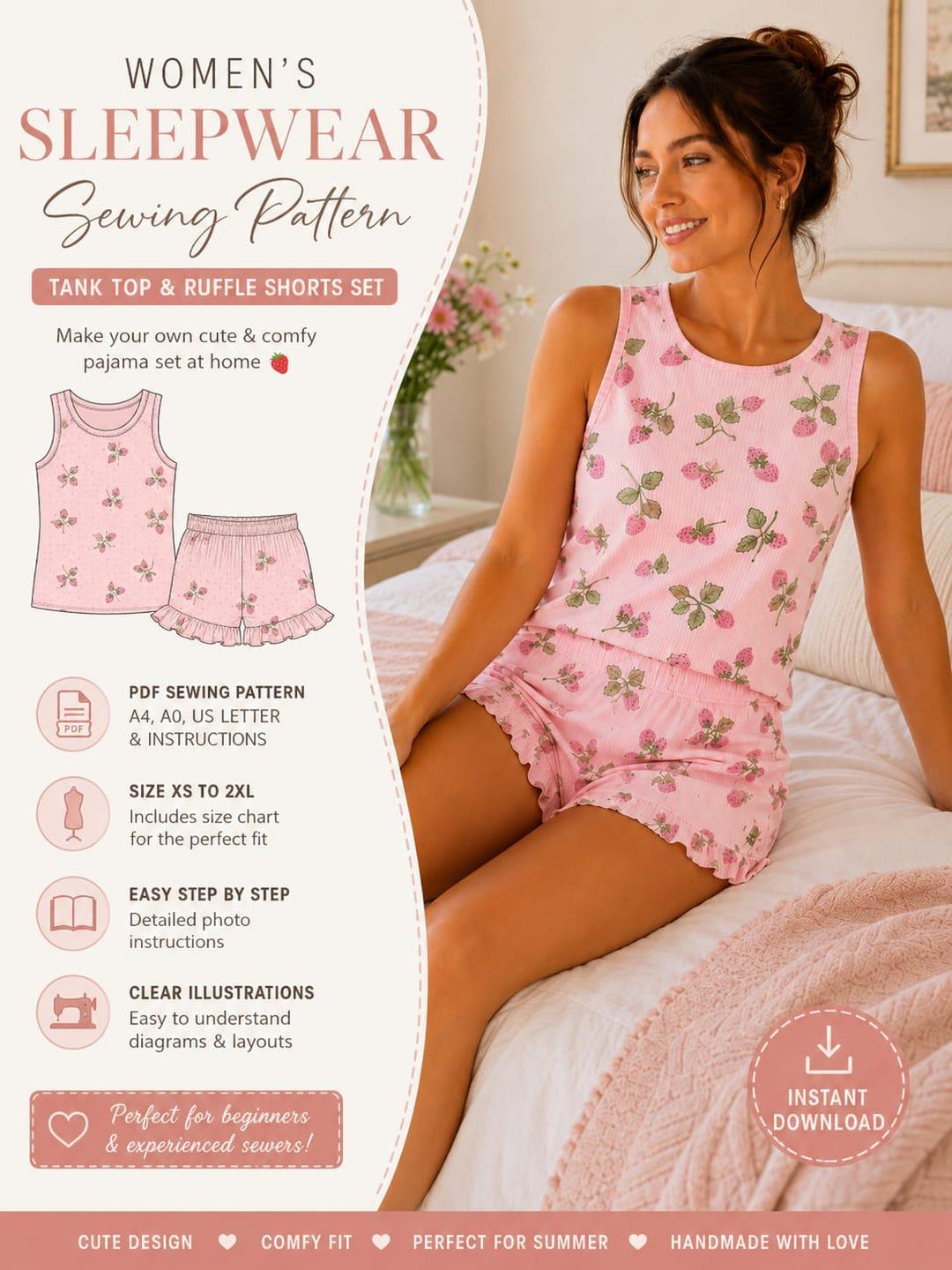 Women’s Sleepwear Sewing Pattern | Strawberry Print Tank & Shorts PDF ...