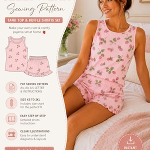 May include: A pink tank top and ruffle shorts set with a strawberry design. The image shows a woman wearing the pajama set, and the text reads "WOMEN'S SLEEPWEAR Sewing Pattern". The pattern includes sizes XS to 2XL and is a PDF download.