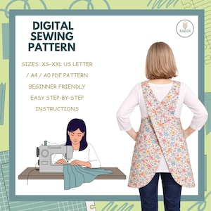Könnte beinhalten: Digitales Schnittmuster mit Text: "DIGITAL SEWING PATTERN, SIZES: XS-XXL US LETTER, / A4 / A0 PDF PATTERN, BEGINNER FRIENDLY, EASY STEP-BY-STEP INSTRUCTIONS." Das Bild zeigt eine Frau mit einer floralen Schürze. Eine Illustration zeigt eine Frau beim Nähen.