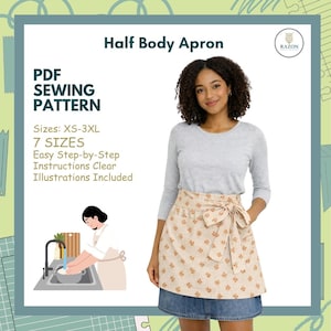 Puede incluir: Una mujer lleva un delantal de media cintura beige con un estampado floral, atado a la cintura. El delantal es parte de un patrón de costura PDF, con tallas XS-3XL y 7 tallas disponibles. El texto de la imagen dice "Instrucciones claras paso a paso, ilustraciones incluidas."