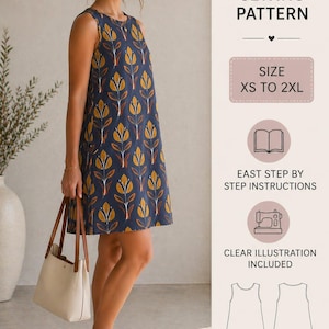 Puede incluir: Vestido sin mangas azul marino con estampado floral amarillo y naranja. El vestido llega a la rodilla. La imagen incluye texto: "PDF SEWING PATTERN", "SIZE XS TO 2XL", "EASY STEP BY STEP INSTRUCTIONS" y "CLEAR ILLUSTRATION INCLUDED".