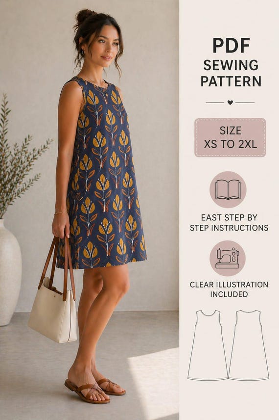 a line shift dress sewing pattern Women's PDF | Sleeveless A-line Mini Dress Pattern | XS-2XL Instant Download V Neck Contrast Lapel chiffon formal dress friendly project that doesnt Color:As_Picture