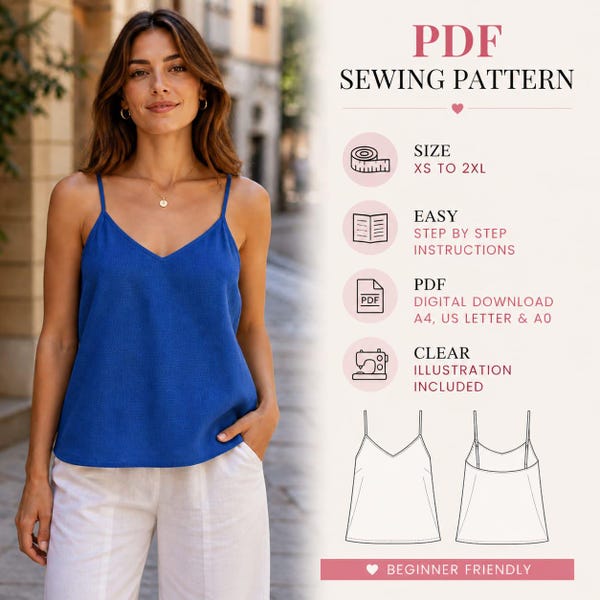 Summer Cami Top Sewing Pattern | Beginner Spaghetti Strap Tank (Digital Download)