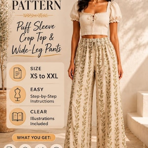 Può includere: Modello di cucito PDF per un top corto con maniche a sbuffo e pantaloni a gamba larga. Il modello include taglie XS a XXL, istruzioni passo passo facili e illustrazioni chiare. La modella indossa l'outfit finito, un top corto e pantaloni color crema con un motivo floreale verde.