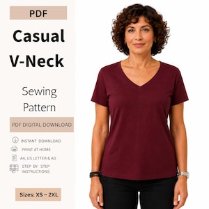 May include: A PDF sewing pattern for a casual V-neck t-shirt. The text reads: PDF, Casual V-Neck, Sewing Pattern, PDF DIGITAL DOWNLOAD, INSTANT DOWNLOAD, PRINT AT HOME, A4, US LETTER & A0, STEP BY STEP INSTRUCTIONS, Sizes: XS - 2XL.