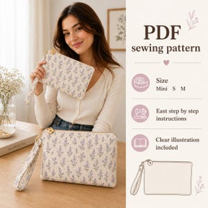 以下が含まれることがあります： 花柄デザインのクラッチバッグのPDFソーイングパターン。バッグはクリーム色で、ラベンダーの花柄とゴールドのジッパーが付いています。画像には「PDF sewing pattern」、「Size Mini S M」、「East step by step instructions」、「Clear illustration included」と書かれています。