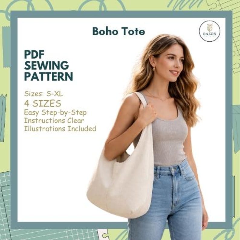 Boho Tote Bag Sewing Pattern | Slouchy Shoulder Bag PDF (sizes S-XL) - Etsy