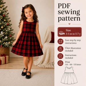 May include: A girl in a red and black plaid dress, sleeveless with a flared skirt. The image includes text: "PDF sewing pattern", and size details: "3-5 m to 5-7 y". The dress is suitable for children aged 3 to 7 years.