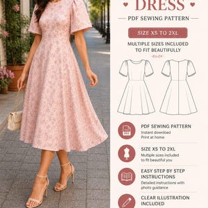 May include: A light pink puff sleeve fit and flare dress. The dress has a floral pattern and is knee-length. The image also includes a PDF sewing pattern with sizes XS to 2XL, perfect for spring, summer, everyday, parties, dates & more.
