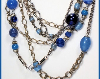 Asymmetrical Repurposed Vintage Necklace in Shades of Blue