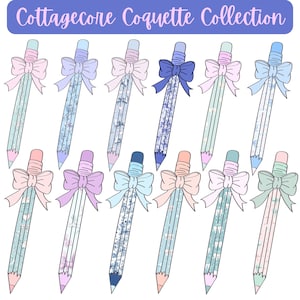 Imágenes prediseñadas de lápices con lazo estilo Cottagecore Coquette PNG / Escuela / Maestros / Planificador / Descarga instantánea / Sublimación Camisetas Vasos Tazas