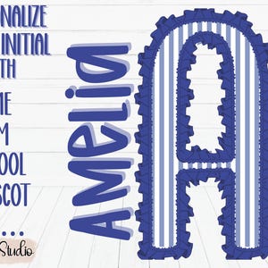 Custom Preppy Seersucker Blue Stripes initial with Ruffles | Name Team School Mascot etc…