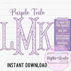 Letras PNG de monograma de cola de pez de toile morado / Alfabeto completo / Floral chinoiserie lila / Descarga digital preppy / Regalos / Camisetas personalizadas